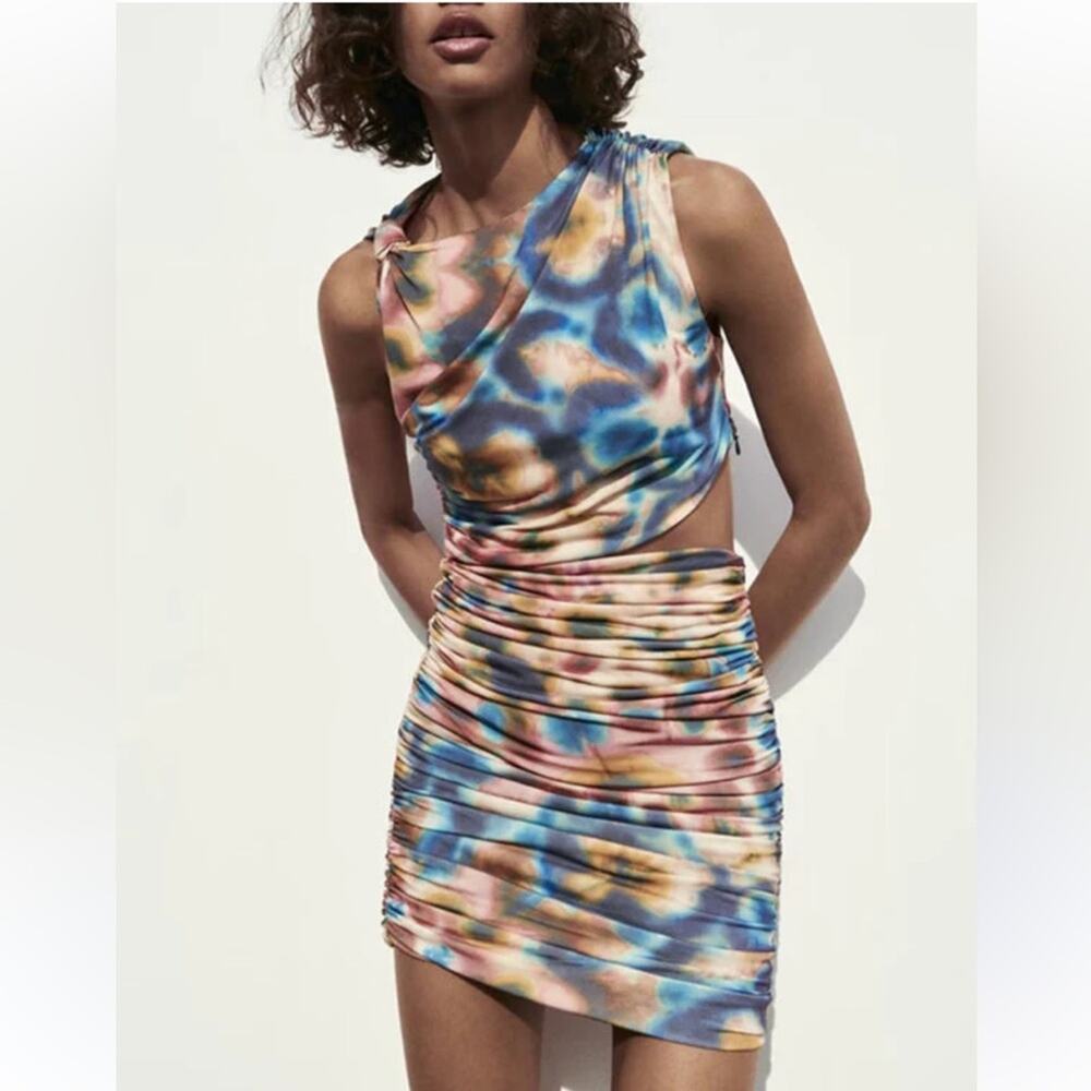 NWT NEW Zara Draped Fitted Tie Dye Cut Out Mini Dress - Party Night Out - Picture 4 of 7